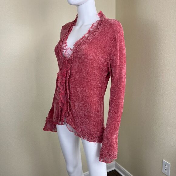 Boston Proper Women's Size S Pink Ruffle Terry Cloth Cardigan Sweater Victorian - Picture 10 of 15